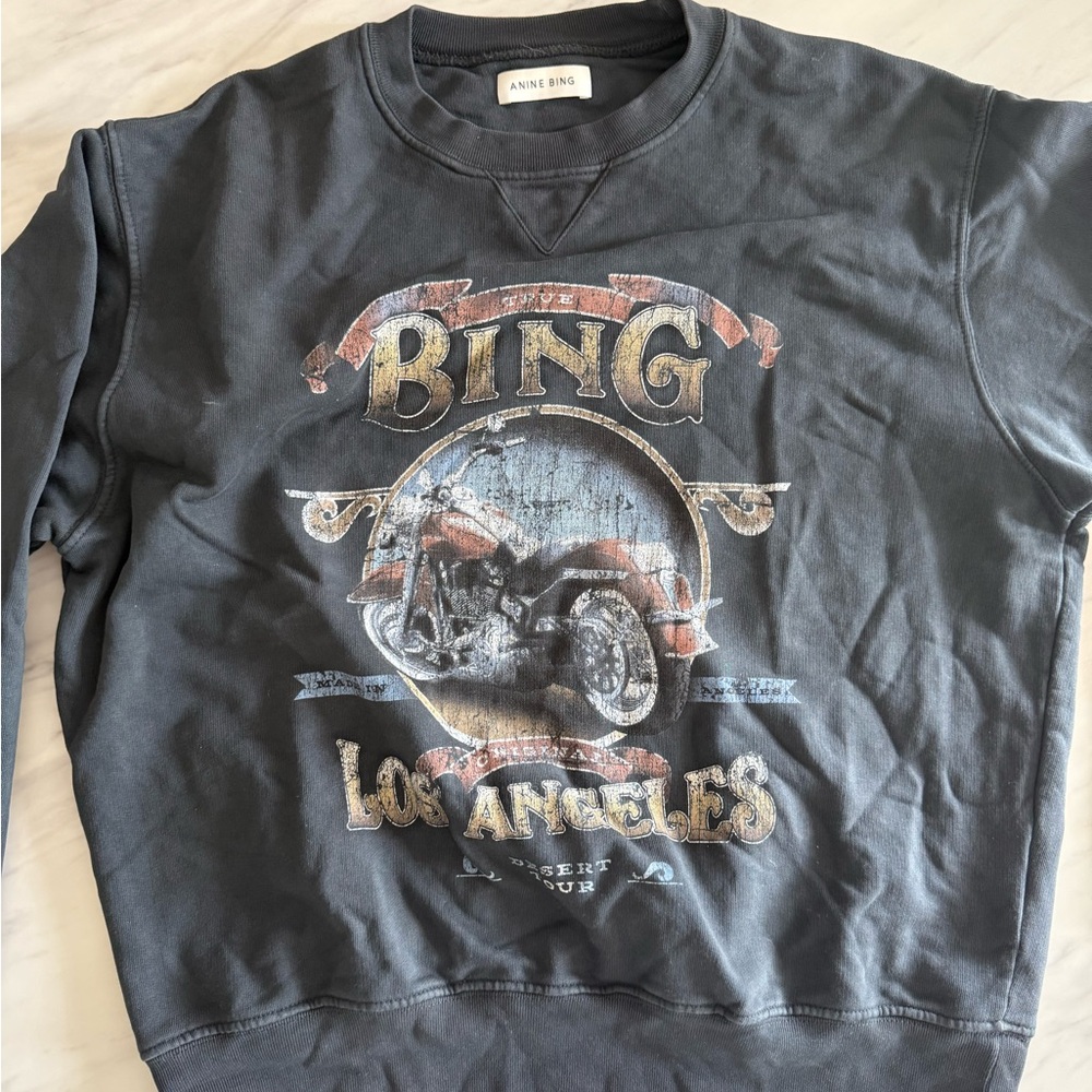 Anine Bing Charcoal Sweatshirt with Motorcycle Graphic